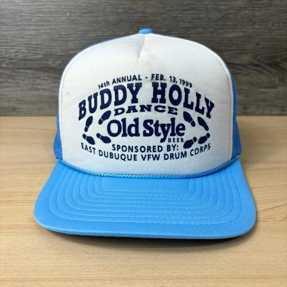 Vintage Buddy‎ Holly Hat Cap Snap Back Blue Trucker Dance Old Style Beer 90s